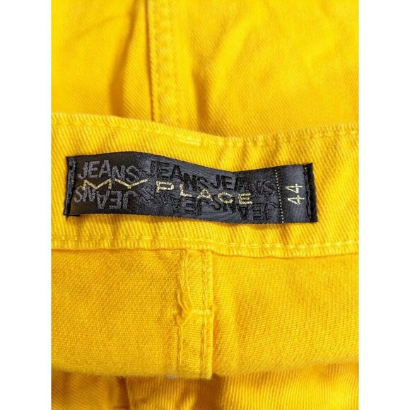 Womens Skirt US 16 Yellow Denim Distressed Short Mini Racing Stripes Brazil Made - Picture 4 of 5